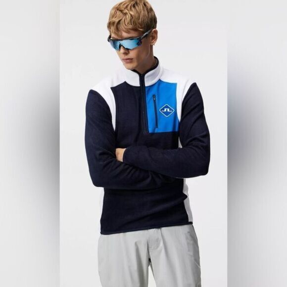 NWT J. Lindeberg Men’s Mid Layer Golf Jacket Blue White Half Zip - Size Medium - Picture 1 of 9